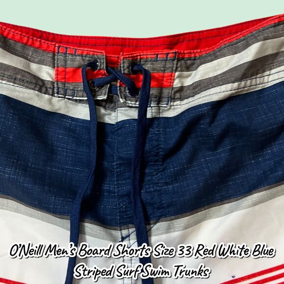 Preowned O’Neill Men’s Board Shorts Size 33 Red White Blue Striped Surf Swim Tru - Picture 8 of 8